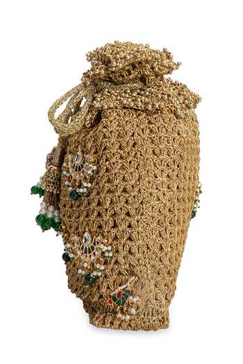 5elements_Gold Beads, Pearls, Zari, Stones, Tassels Rajika Kundan Motif Embellished Potli _at_Aza_Fashions