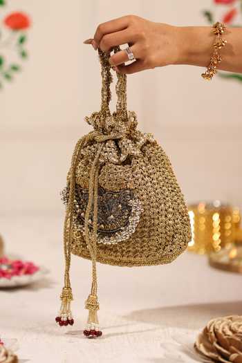 Buy_5elements_Gold Beads, Pearls, Zari, Stones, Shelika Centre Ornament Embellished Potli _Online_at_Aza_Fashions