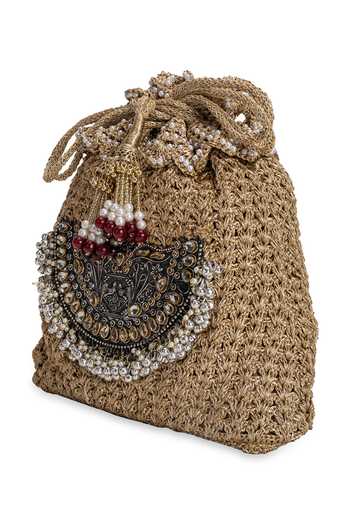 5elements_Gold Beads, Pearls, Zari, Stones, Shelika Centre Ornament Embellished Potli _at_Aza_Fashions