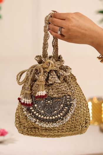 Buy_5elements_Gold Beads, Pearls, Zari, Stones, Shelika Centre Ornament Embellished Potli 