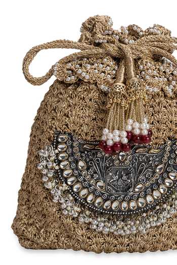 Shop_5elements_Gold Beads, Pearls, Zari, Stones, Shelika Centre Ornament Embellished Potli 