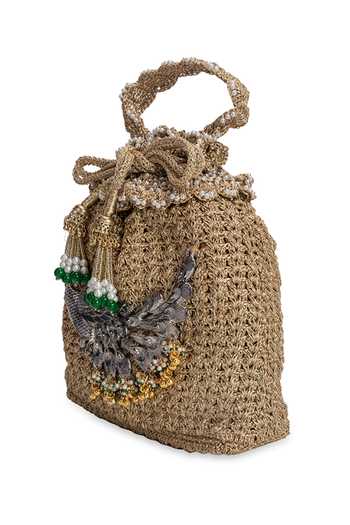 Buy_5elements_Gold Beads, Pearls, Zari, Tassels Morangi Peacock Artistry Potli _Online_at_Aza_Fashions