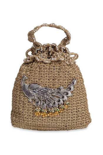 Shop_5elements_Gold Beads, Pearls, Zari, Tassels Morangi Peacock Artistry Potli _Online_at_Aza_Fashions