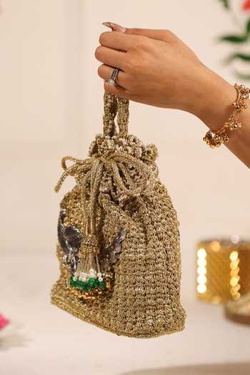 5elements_Gold Beads, Pearls, Zari, Tassels Morangi Peacock Artistry Potli _at_Aza_Fashions