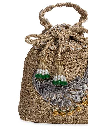 Shop_5elements_Gold Beads, Pearls, Zari, Tassels Morangi Peacock Artistry Potli 