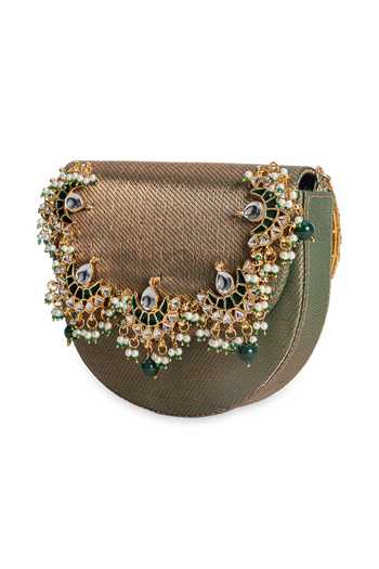 Shop_5elements_Green Meher Kundan Motif Embellished Clutch _Online_at_Aza_Fashions
