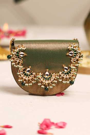 5elements_Green Meher Kundan Motif Embellished Clutch _at_Aza_Fashions