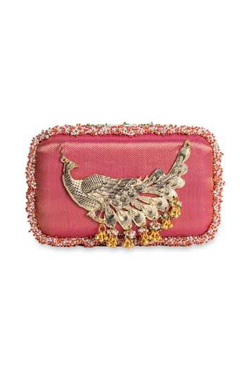 5elements_Pink Morbagh Metallic Motif Dual Clutch _at_Aza_Fashions
