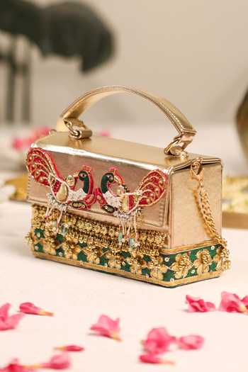 5elements_Green Kanakriti Peacock Embroidered Sling Clutch _Online_at_Aza_Fashions