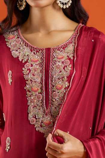 Buy Aariyana Couture Maroon Chinon Round Neck, Yes Embroidered Kurta Sharara Set Online at Aza Fashions Buy_Aariyana Couture_Maroon Chinon Round Neck, Yes Embroidered Kurta Sharara Set _Online_at_Aza_Fashions