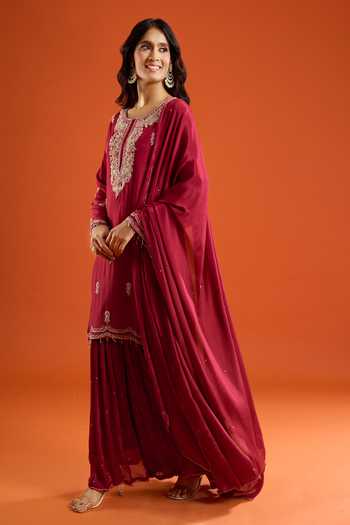 Shop Aariyana Couture Maroon Chinon Round Neck, Yes Embroidered Kurta Sharara Set Online at Aza Fashions Shop_Aariyana Couture_Maroon Chinon Round Neck, Yes Embroidered Kurta Sharara Set _Online_at_Aza_Fashions