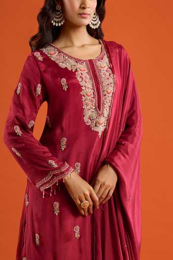 Buy Aariyana Couture Maroon Chinon Round Neck, Yes Embroidered Kurta Sharara Set Buy_Aariyana Couture_Maroon Chinon Round Neck, Yes Embroidered Kurta Sharara Set