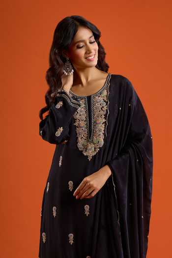 Shop Aariyana Couture Black Chinon Scoop Neck Embroidered Kurta Sharara Set Online at Aza Fashions Shop_Aariyana Couture_Black Chinon Scoop Neck Embroidered Kurta Sharara Set _Online_at_Aza_Fashions