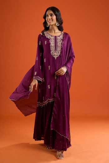 Buy Aariyana Couture Purple Chinon Scoop Neck, Yes Floral Embroidered Kurta Sharara Set Online at Aza Fashions Buy_Aariyana Couture_Purple Chinon Scoop Neck, Yes Floral Embroidered Kurta Sharara Set _Online_at_Aza_Fashions