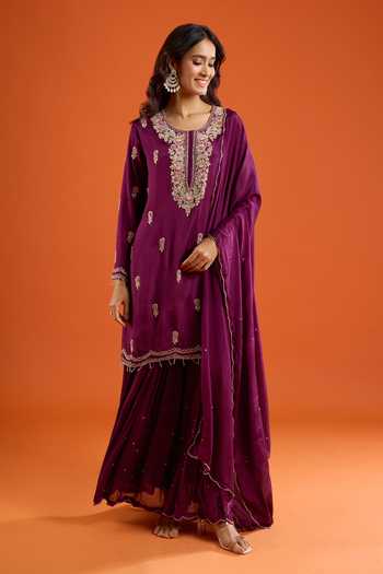 Shop Aariyana Couture Purple Chinon Scoop Neck, Yes Floral Embroidered Kurta Sharara Set Online at Aza Fashions Shop_Aariyana Couture_Purple Chinon Scoop Neck, Yes Floral Embroidered Kurta Sharara Set _Online_at_Aza_Fashions