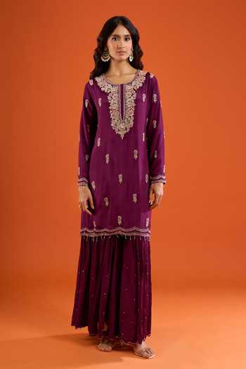 Aariyana Couture Purple Chinon Scoop Neck, Yes Floral Embroidered Kurta Sharara Set at Aza Fashions Aariyana Couture_Purple Chinon Scoop Neck, Yes Floral Embroidered Kurta Sharara Set _at_Aza_Fashions
