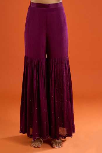 Shop Aariyana Couture Purple Chinon Scoop Neck, Yes Floral Embroidered Kurta Sharara Set Shop_Aariyana Couture_Purple Chinon Scoop Neck, Yes Floral Embroidered Kurta Sharara Set