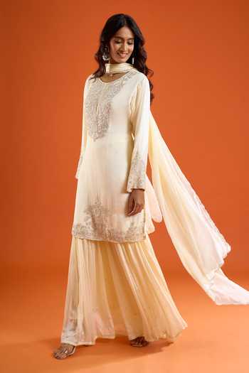 Shop Aariyana Couture Yellow Chinon Round Neck, Yes Bead Embroidered Kurta Set Online at Aza Fashions Shop_Aariyana Couture_Yellow Chinon Round Neck, Yes Bead Embroidered Kurta Set _Online_at_Aza_Fashions
