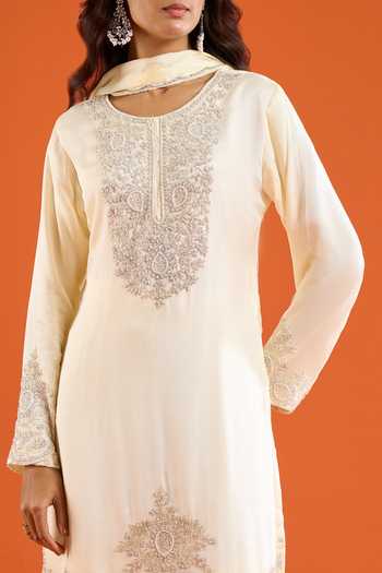 Aariyana Couture Yellow Chinon Round Neck, Yes Bead Embroidered Kurta Set at Aza Fashions Aariyana Couture_Yellow Chinon Round Neck, Yes Bead Embroidered Kurta Set _at_Aza_Fashions