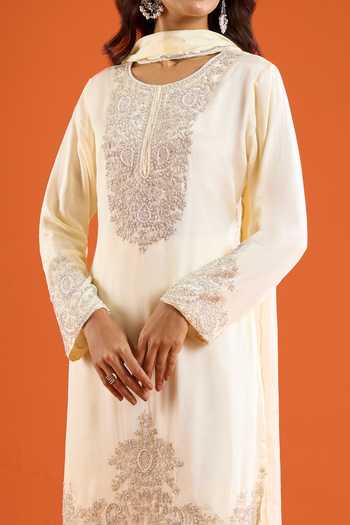 Buy Aariyana Couture Yellow Chinon Round Neck, Yes Bead Embroidered Kurta Set Buy_Aariyana Couture_Yellow Chinon Round Neck, Yes Bead Embroidered Kurta Set