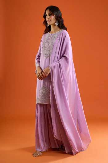 Shop Aariyana Couture Purple Chinon Round Neck, Yes Cutdana Embroidered Kurta Set Shop_Aariyana Couture_Purple Chinon Round Neck, Yes Cutdana Embroidered Kurta Set