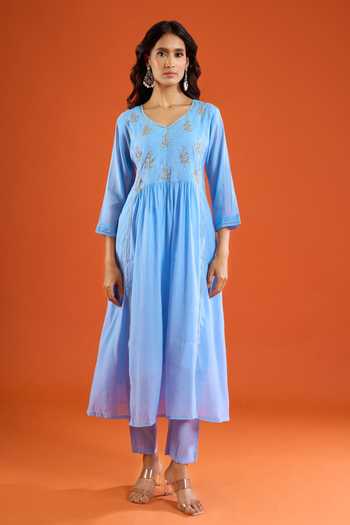 Buy Aariyana Couture Sky Blue Chanderi V-neck Floral Placement Embroidered Kurta Set Online at Aza Fashions Buy_Aariyana Couture_Sky Blue Chanderi V-neck Floral Placement Embroidered Kurta Set _Online_at_Aza_Fashions