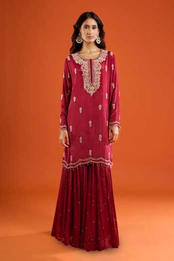 Aariyana Couture Maroon Chinon Round Neck, Yes Embroidered Kurta Sharara Set at Aza Fashions Aariyana Couture_Maroon Chinon Round Neck, Yes Embroidered Kurta Sharara Set _at_Aza_Fashions