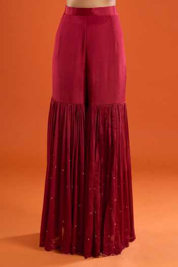 Shop Aariyana Couture Maroon Chinon Round Neck, Yes Embroidered Kurta Sharara Set Shop_Aariyana Couture_Maroon Chinon Round Neck, Yes Embroidered Kurta Sharara Set