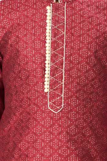 Petite Pomme Wine Jacquard, Silk Boys Kurta And Art Pant Set Online at Aza Fashions Petite Pomme_Wine Jacquard, Silk Boys Kurta And Art Pant Set _Online_at_Aza_Fashions