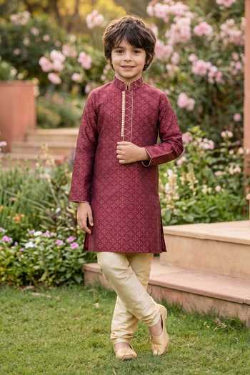 Petite Pomme Boys Jaquard Kurta & Art Silk Pant Set