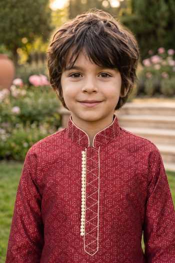 Buy Petite Pomme Wine Jacquard, Silk Boys Kurta And Art Pant Set Online at Aza Fashions Buy_Petite Pomme_Wine Jacquard, Silk Boys Kurta And Art Pant Set _Online_at_Aza_Fashions