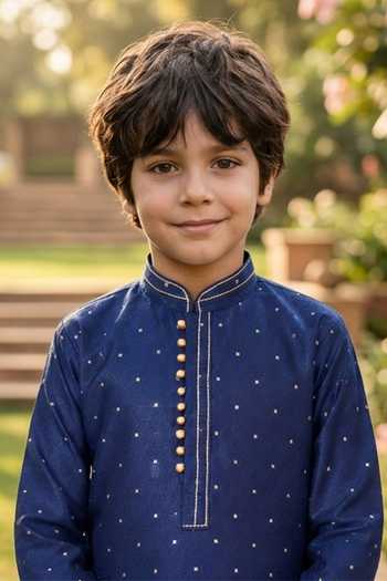 Petite Pomme_Navy Jacquard, Silk Kurta And Art Pant Set _Online_at_Aza_Fashions