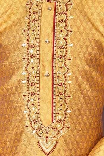 Petite Pomme Gold Jacquard, Silk Kurta And Art Pant Set Online at Aza Fashions Petite Pomme_Gold Jacquard, Silk Kurta And Art Pant Set _Online_at_Aza_Fashions