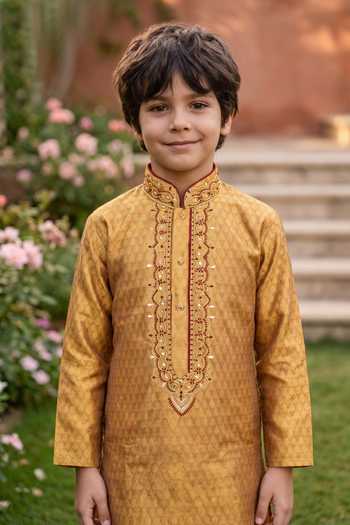 Buy Petite Pomme Gold Jacquard, Silk Kurta And Art Pant Set Online at Aza Fashions Buy_Petite Pomme_Gold Jacquard, Silk Kurta And Art Pant Set _Online_at_Aza_Fashions
