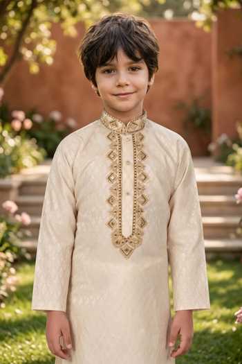 Buy Petite Pomme Cream Silk, Jacquard Kurta And Art Pant Set Online at Aza Fashions Buy_Petite Pomme_Cream Silk, Jacquard Kurta And Art Pant Set _Online_at_Aza_Fashions