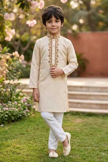Petite Pomme Jaquard Kurta & Art Silk Pant Set 
