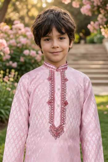 Buy_Petite Pomme_Pink Silk Woven Kurta And Art Pant Set _Online_at_Aza_Fashions