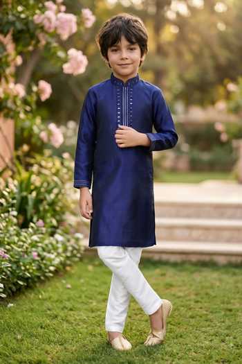 Petite Pomme Jaquard Kurta & Art Silk Pant Set 