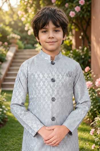 Petite Pomme Grey Silk Boys Jaquard Kurta And Art Pant Set Online at Aza Fashions Petite Pomme_Grey Silk Boys Jaquard Kurta And Art Pant Set _Online_at_Aza_Fashions
