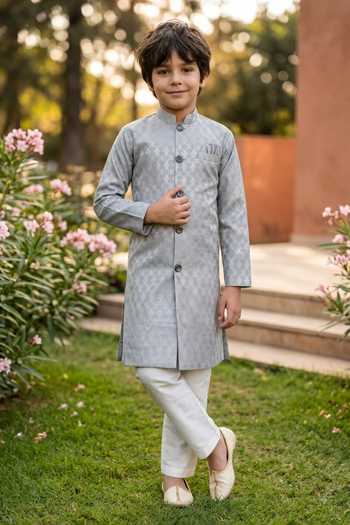 Petite Pomme Boys Jaquard Kurta & Art Silk Pant Set 