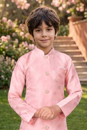 Petite Pomme Pink Jacquard, Silk Kurta And Art Pant Set Online at Aza Fashions Petite Pomme_Pink Jacquard, Silk Kurta And Art Pant Set _Online_at_Aza_Fashions
