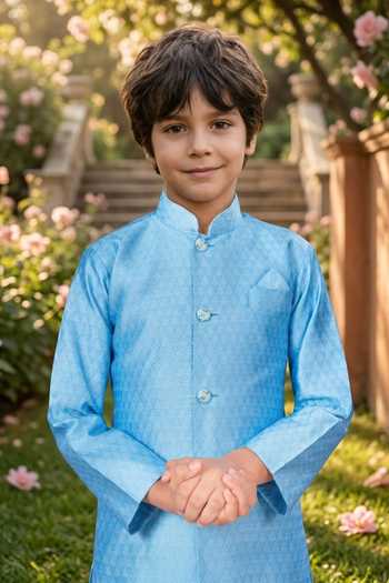 Buy Petite Pomme Sky Blue Jacquard Kurta And Art Silk Pant Set Online at Aza Fashions Buy_Petite Pomme_Sky Blue Jacquard Kurta And Art Silk Pant Set _Online_at_Aza_Fashions