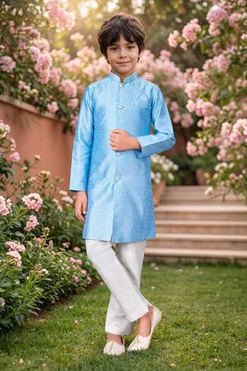 Petite Pomme Jaquard Kurta & Art Silk Pant Set
