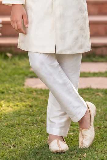 Petite Pomme Off White Jacquard, Silk Woven Kurta And Pant Set Online at Aza Fashions Petite Pomme_Off White Jacquard, Silk Woven Kurta And Pant Set _Online_at_Aza_Fashions