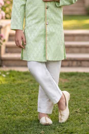 Petite Pomme Green Jacquard, Silk Kurta And Art Pant Set Online at Aza Fashions Petite Pomme_Green Jacquard, Silk Kurta And Art Pant Set _Online_at_Aza_Fashions