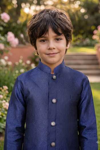 Buy Petite Pomme Blue Jacquard Kurta And Art Silk Pant Set Online at Aza Fashions Buy_Petite Pomme_Blue Jacquard Kurta And Art Silk Pant Set _Online_at_Aza_Fashions