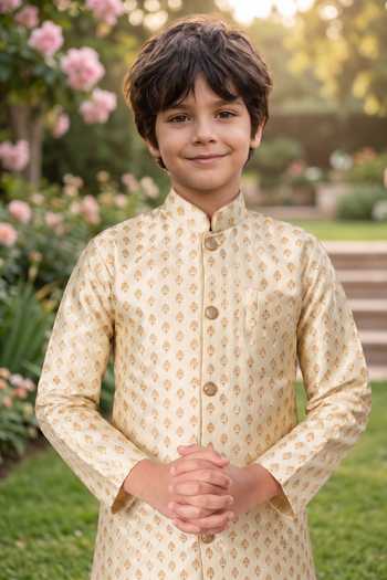 Buy_Petite Pomme_Cream Jacquard, Silk Kurta And Art Pant Set _Online_at_Aza_Fashions