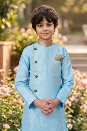 Petite Pomme Sky Blue Jacquard, Silk Kurta And Art Pant Set Online at Aza Fashions Petite Pomme_Sky Blue Jacquard, Silk Kurta And Art Pant Set _Online_at_Aza_Fashions