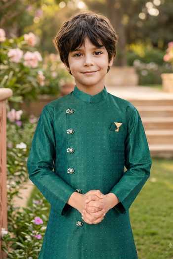 Petite Pomme Green Jacquard, Silk Kurta And Art Pant Set Online at Aza Fashions Petite Pomme_Green Jacquard, Silk Kurta And Art Pant Set _Online_at_Aza_Fashions