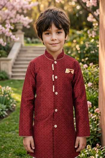 Petite Pomme Maroon Jacquard, Silk Kurta And Art Pant Set Online at Aza Fashions Petite Pomme_Maroon Jacquard, Silk Kurta And Art Pant Set _Online_at_Aza_Fashions